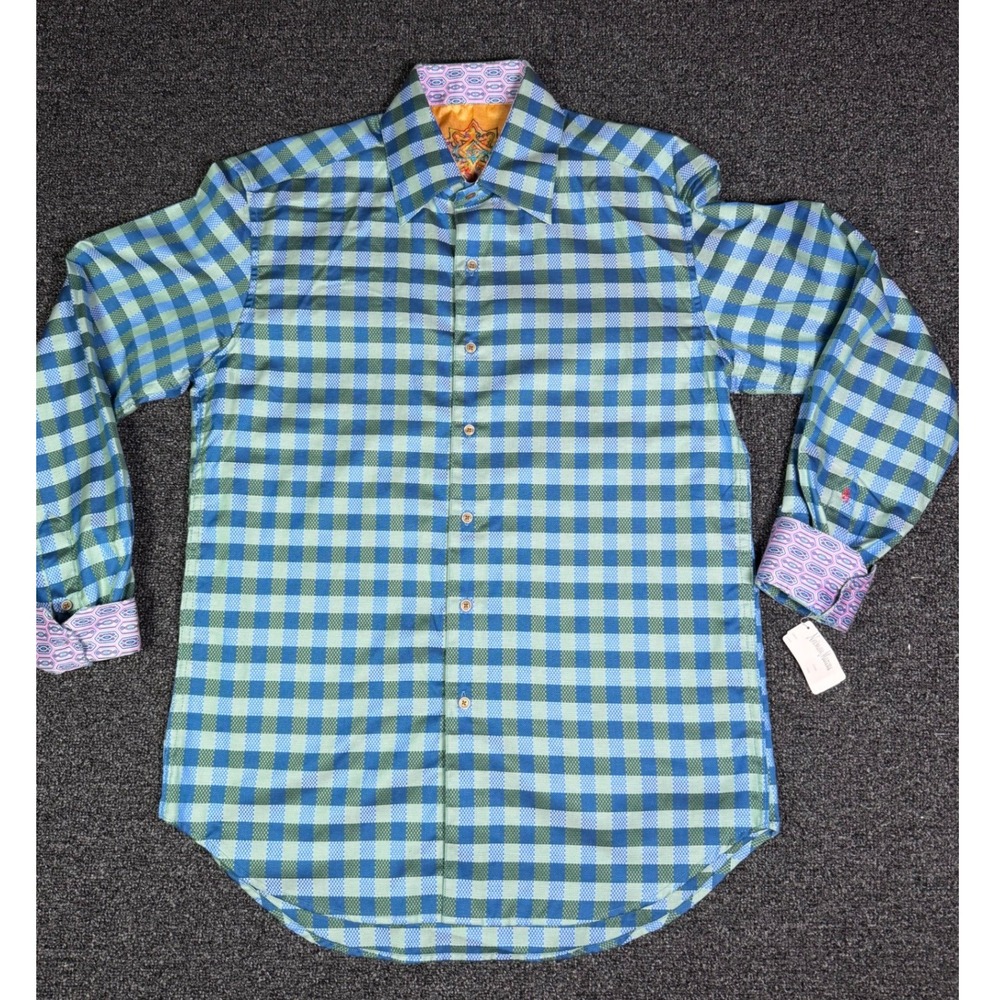 Robert Graham Mens Blue Green Checkered Button Down Shirt Long Sleeve Medium NWT